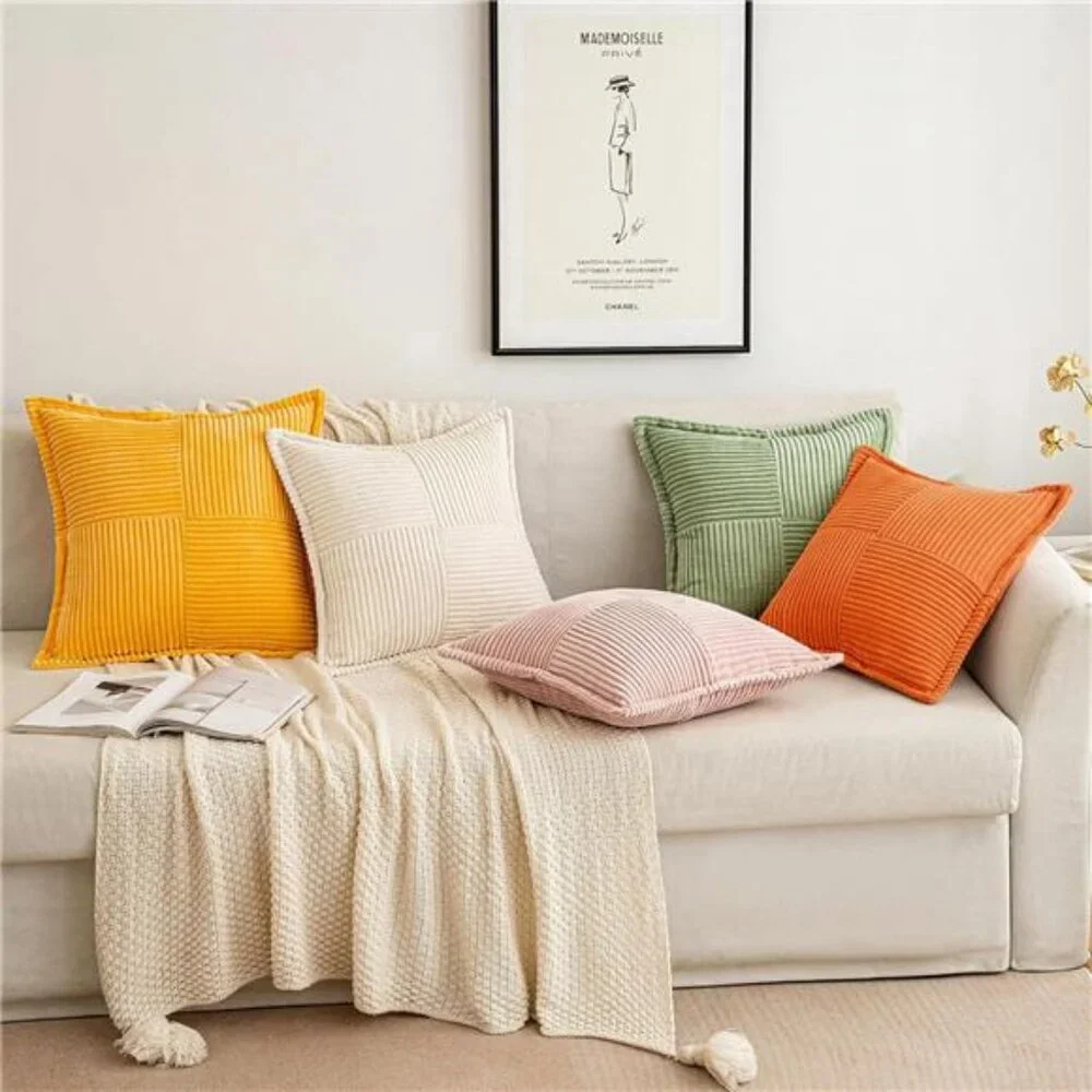 Corduroy Pillow Covers,20x20 Boho Striped Decorative Throw Pillow,Set of 2 Beige